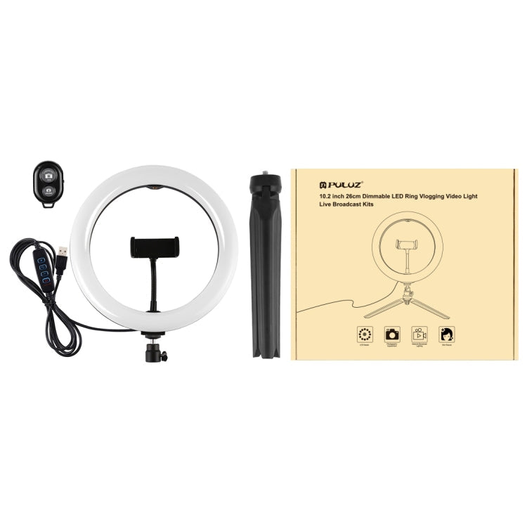 PULUZ 10.2 inch 26cm Light + Desktop Tripod Mount USB 3 Modes Dimmable Dual Color Temperature LED Curved Diffuse Light Ring Vlogging Selfie Photography Video Lights with Phone Clamp, 10.2 inch Curved+Tripod