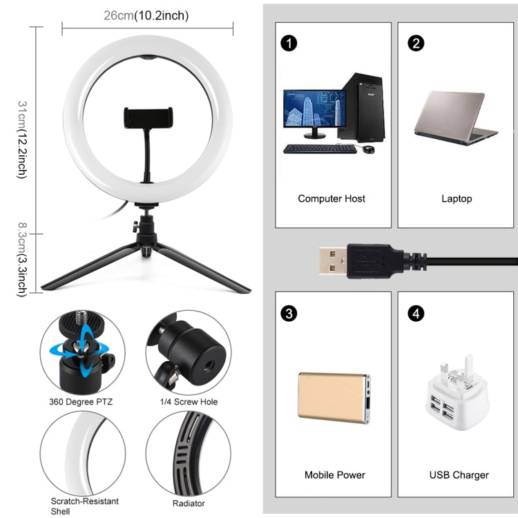 PULUZ 10.2 inch 26cm Light + Desktop Tripod Mount USB 3 Modes Dimmable Dual Color Temperature LED Curved Diffuse Light Ring Vlogging Selfie Photography Video Lights with Phone Clamp, 10.2 inch Curved+Tripod