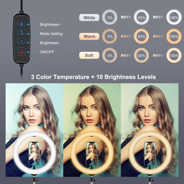 PULUZ 10.2 inch 26cm Light + Desktop Tripod Mount USB 3 Modes Dimmable Dual Color Temperature LED Curved Diffuse Light Ring Vlogging Selfie Photography Video Lights with Phone Clamp, 10.2 inch Curved+Tripod