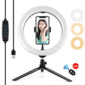 PULUZ 10.2 inch 26cm Light + Desktop Tripod Mount USB 3 Modes Dimmable Dual Color Temperature LED Curved Diffuse Light Ring Vlogging Selfie Photography Video Lights with Phone Clamp, 10.2 inch Curved+Tripod 10.2 inch Curved+Tripod Black