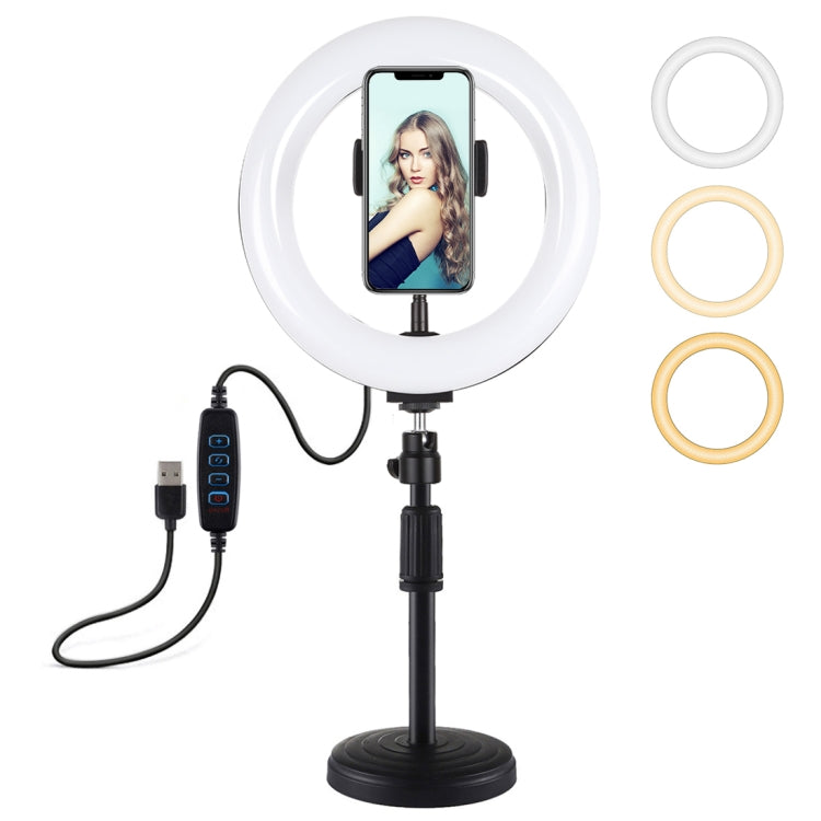 PULUZ 7.9 inch 20cm Light+ Round Base Desktop Holder USB 3 Modes Dimmable Dual Color Temperature LED Curved Light Ring Vlogging Selfie Photography Video Lights with Phone Clamp, 7.9 inch+Desktop Mount 7.9 inch+Desktop Mount
