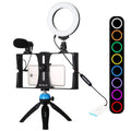 4 in 1 Vlogging Live Broadcast Smartphone Video Rig + 4.7 inch 12cm RGBW Ring LED Selfie Light + Microphone + Pocket Tripod Mount Kits with Cold Shoe Tripod Head, 4-in-1, 4-in-1 RGBW Ring LED – Durable Build, Easy to Use 4-in-1 Blue