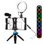 4 in 1 Vlogging Live Broadcast Smartphone Video Rig + 4.7 inch 12cm RGBW Ring LED Selfie Light + Microphone + Pocket Tripod Mount Kits with Cold Shoe Tripod Head, 4-in-1, 4-in-1 RGBW Ring LED – Durable Build, Easy to Use 4-in-1 Blue