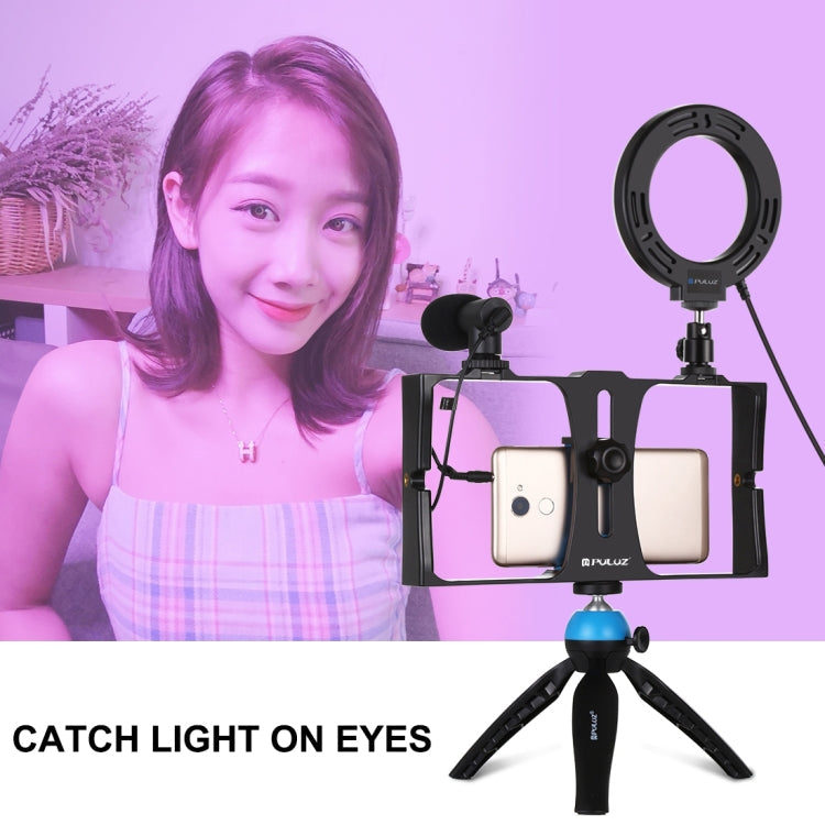 4 in 1 Vlogging Live Broadcast Smartphone Video Rig + 4.7 inch 12cm RGBW Ring LED Selfie Light + Microphone + Pocket Tripod Mount Kits with Cold Shoe Tripod Head, 4-in-1, 4-in-1 RGBW Ring LED – Durable Build, Easy to Use