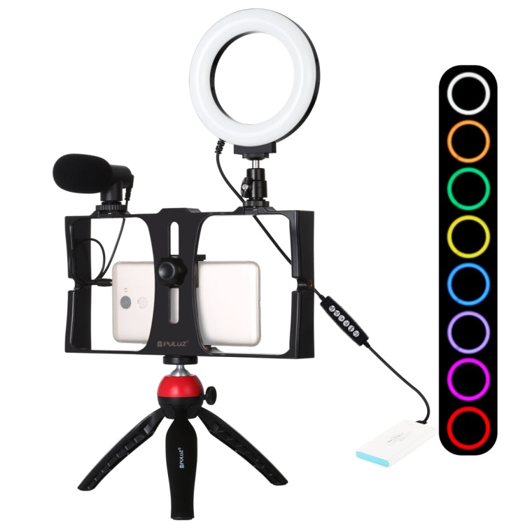 4 in 1 Vlogging Live Broadcast Smartphone Video Rig + 4.7 inch 12cm RGBW Ring LED Selfie Light + Microphone + Pocket Tripod Mount Kits with Cold Shoe Tripod Head, 4-in-1, 4-in-1 RGBW Ring LED – Durable Build, Easy to Use 4-in-1 RGBW Ring LED Red