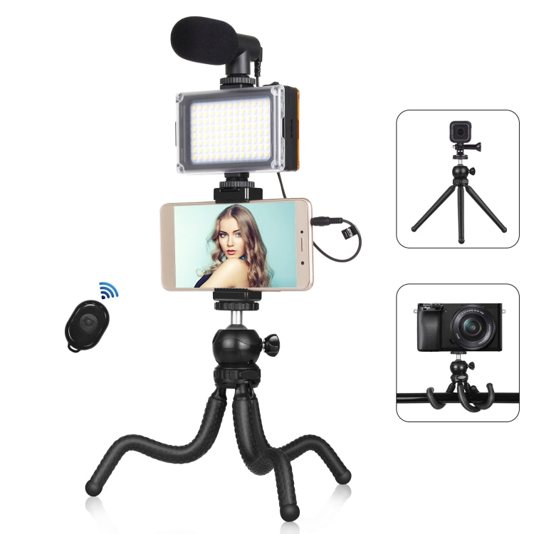 PULUZ 4 in 1 Vlogging Live Mini Octopus Bracket Kit + Studio Light + Microphone + Phone Clamp Kits, 4 in 1 Tripod 4 in 1 Tripod