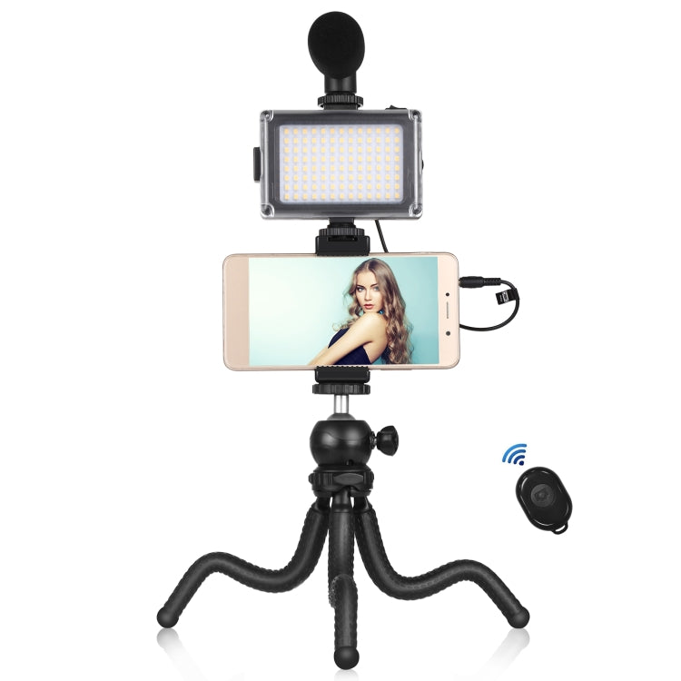 PULUZ 4 in 1 Vlogging Live Mini Octopus Bracket Kit + Studio Light + Microphone + Phone Clamp Kits, 4 in 1 Tripod