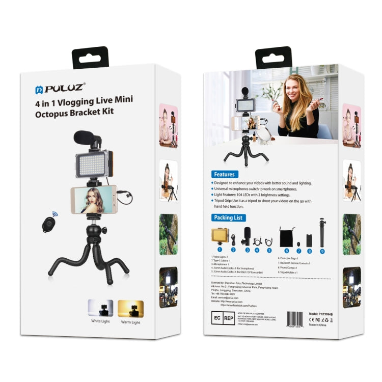 PULUZ 4 in 1 Vlogging Live Mini Octopus Bracket Kit + Studio Light + Microphone + Phone Clamp Kits, 4 in 1 Tripod