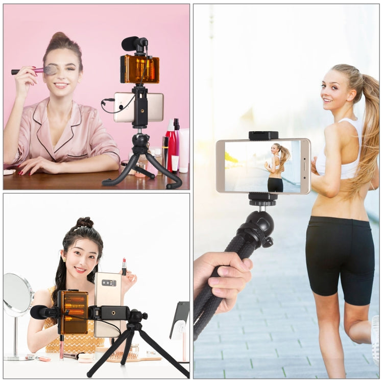 PULUZ 4 in 1 Vlogging Live Mini Octopus Bracket Kit + Studio Light + Microphone + Phone Clamp Kits, 4 in 1 Tripod