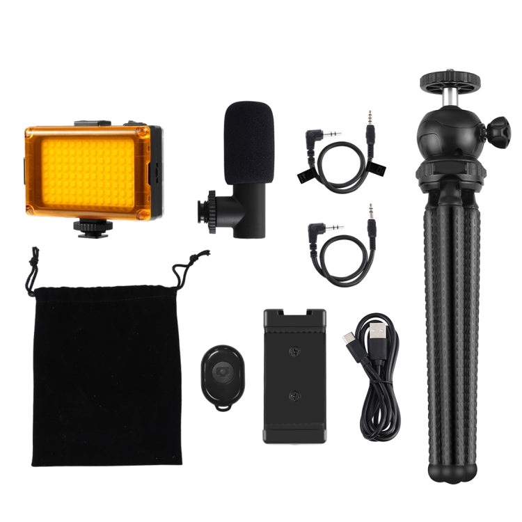PULUZ 4 in 1 Vlogging Live Mini Octopus Bracket Kit + Studio Light + Microphone + Phone Clamp Kits, 4 in 1 Tripod