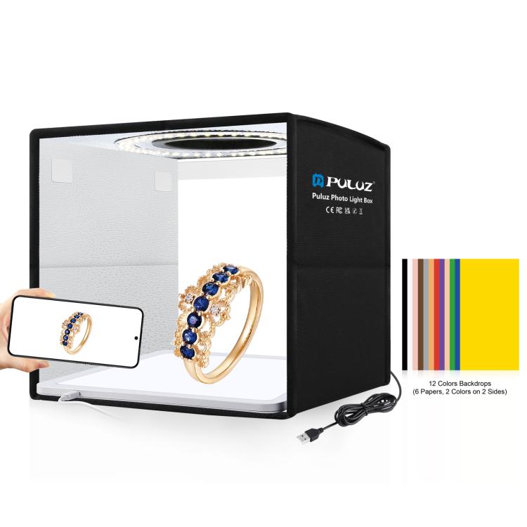 PULUZ 25cm Folding Portable High CRI Ring LED Photo Lighting Studio Tent Box + Shadowless Light Lamp Panel Pad with 12 Colors Backdrops, Size: 25cm x 25cm x 25cm, 25cm High CRI Box + Shadowless Light 25cm High CRI Box + Shadowless Light Black