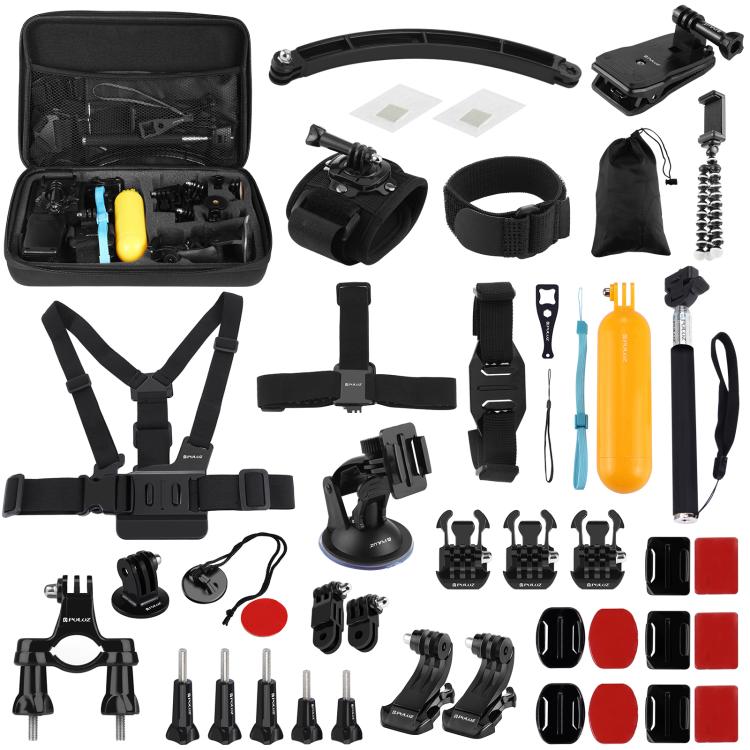 PULUZ 50 in 1 Accessories Total Ultimate Combo Kits with EVA Case (Chest Strap + Suction Cup Mount + 3-Way Pivot Arms + J-Hook Buckle + Wrist Strap + Helmet Strap + Extendable Monopod + Surface Mounts + Tripod Adapters + Storage Bag + Handlebar Mount) ... 50 in 1 with Black EVA Case