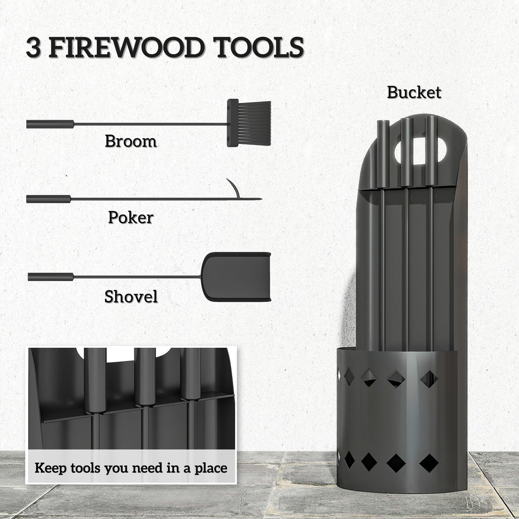 4 Piece Fireplace Companion Set, Metal Fireplace Accessories with Broom, Shovel, Poker, Bucket, Black