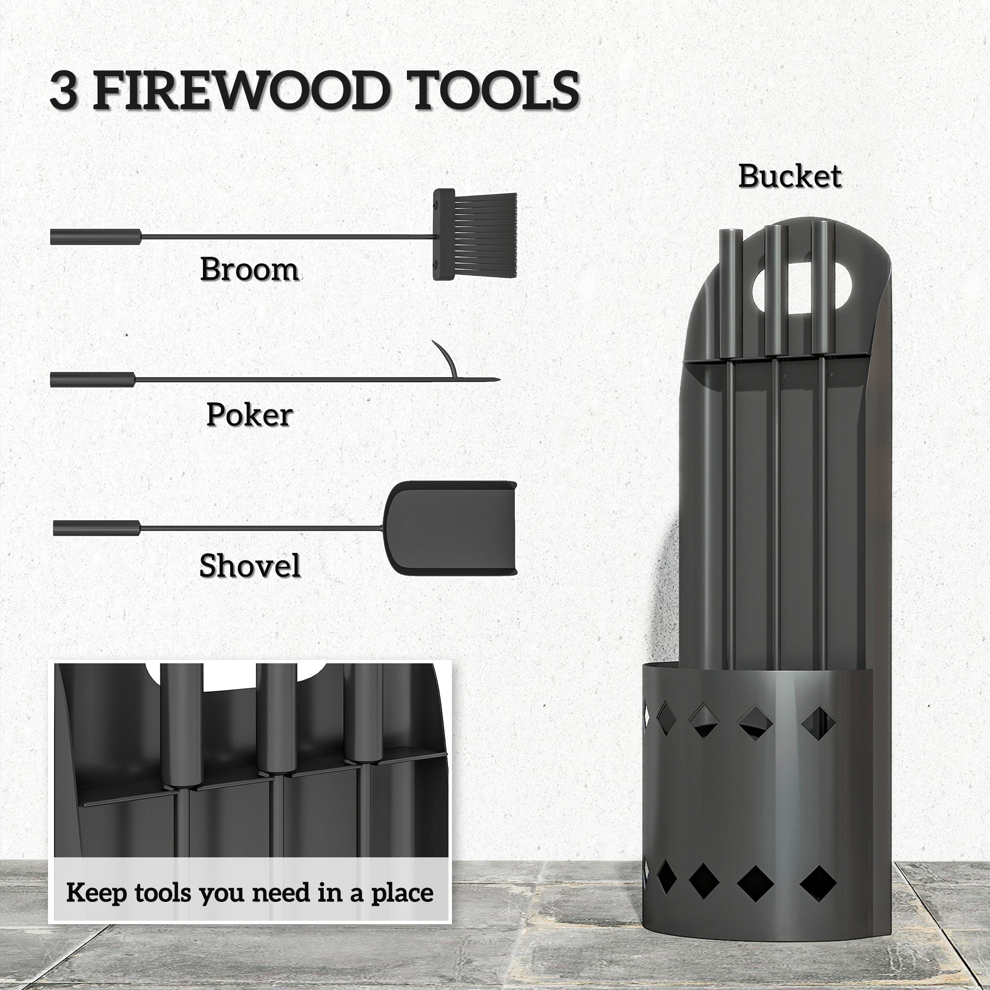 4 Piece Fireplace Companion Set, Metal Fireplace Accessories with Broom, Shovel, Poker, Bucket, Black