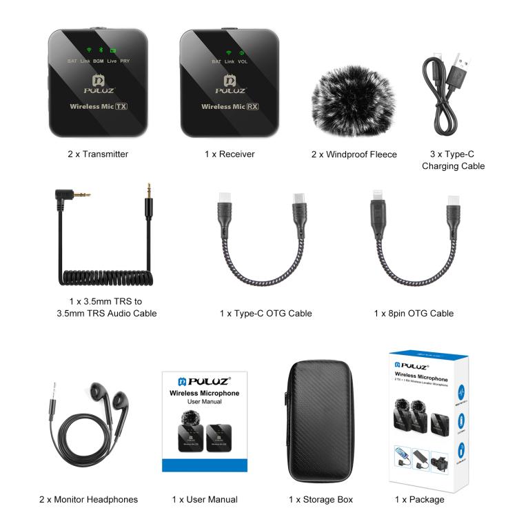 PULUZ 2 TX + 1 RX Wireless Lavalier Microphone, 2 TX + 1 RX