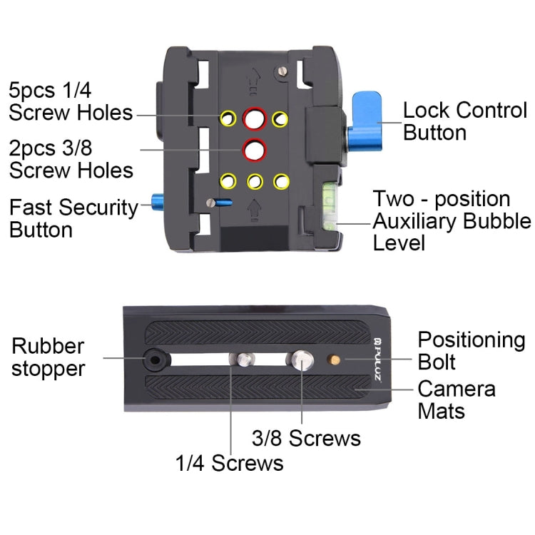 PULUZ Quick Release Clamp Adapter + Quick Release Plate for DSLR & SLR Cameras, QR Plate Black