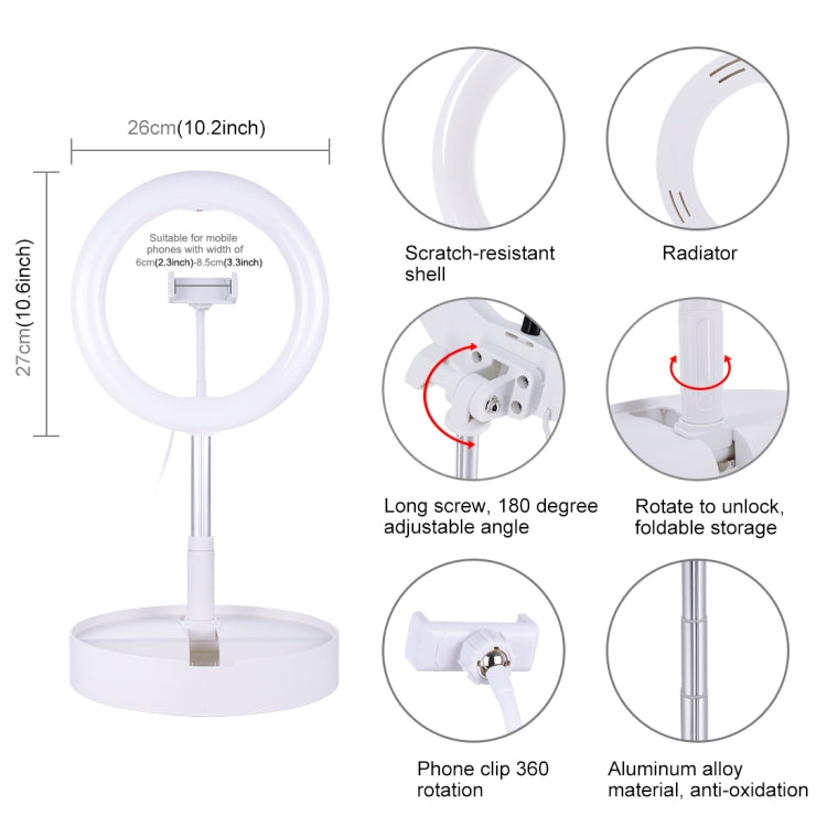 PULUZ 10.2 inch 26cm USB 3 Modes Dimmable Dual Color Temperature LED Curved Ring Vlogging Selfie Photography Video Lights with Bluetooth Remote Shutter & Folding Desktop Holder & Phone Clamp