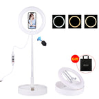 PULUZ 10.2 inch 26cm USB 3 Modes Dimmable Dual Color Temperature LED Curved Ring Vlogging Selfie Photography Video Lights with Bluetooth Remote Shutter & Folding Desktop Holder & Phone Clamp White
