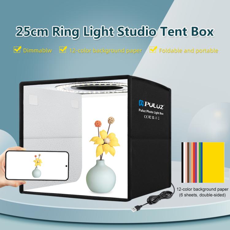 25cm Folding Portable Ring Light Photo Lighting Studio Shooting Tent Box with 12 Colors Backdrops, Size: 25cm x 25cm x 25cm, 25cm High CRI Box – Durable Build, Easy to Use