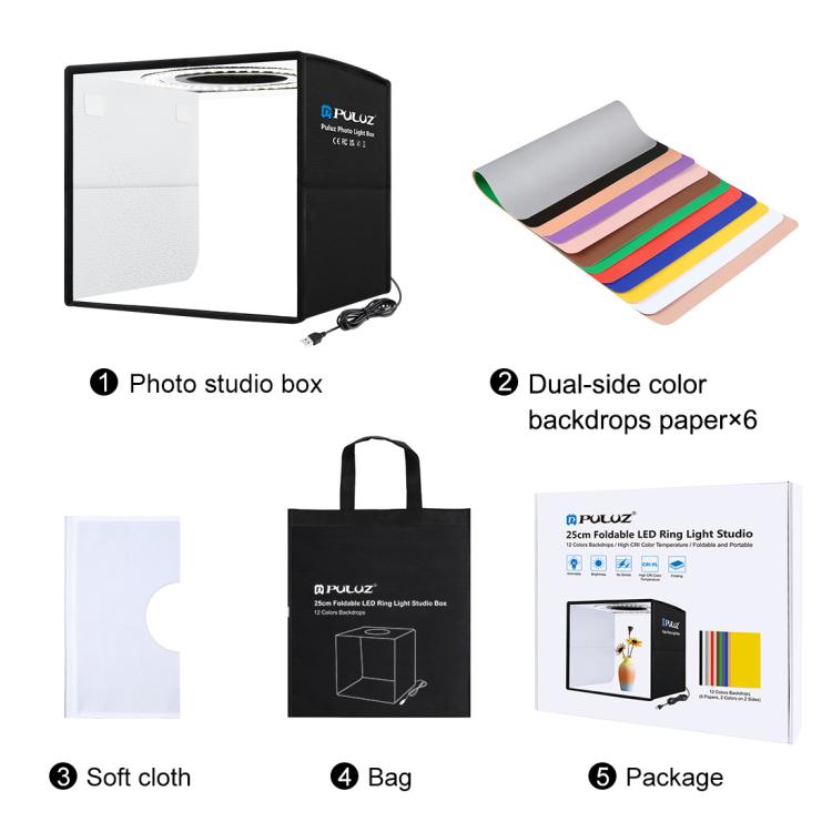 25cm Folding Portable Ring Light Photo Lighting Studio Shooting Tent Box with 12 Colors Backdrops, Size: 25cm x 25cm x 25cm, 25cm High CRI Box – Durable Build, Easy to Use