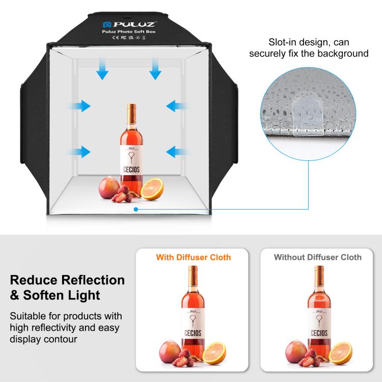 PULUZ 40cm Folding 72W 5500K Studio Shooting Tent Soft Box Photography Lighting Kit with 4 Colors (Black, Orange, White, Green) Backdrops, 40cm Folding 72W(AU Plug), 40cm Folding 72W(EU Plug), 40cm Folding 72W(UK Plug), 40cm Folding 72W(US Plug)