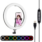 PULUZ 11.8 inch 30cm Curved Surface USB 10 Modes 8 Colors RGBW Dimmable LED Ring Vlogging Photography Video Lights with Tripod Ball Head & Phone Clamp, 11.8 inch Button Control 11.8 inch Button Control