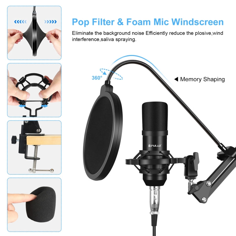 PULUZ Studio Broadcast Professional Singing Microphone Kits with Suspension Scissor Arm & Metal Shock Mount & USB Sound Card, Microphone Kits (Black), Microphone Kits (Silver)