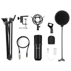 PULUZ Studio Broadcast Professional Singing Microphone Kits with Suspension Scissor Arm & Metal Shock Mount & USB Sound Card, Microphone Kits (Black), Microphone Kits (Silver)