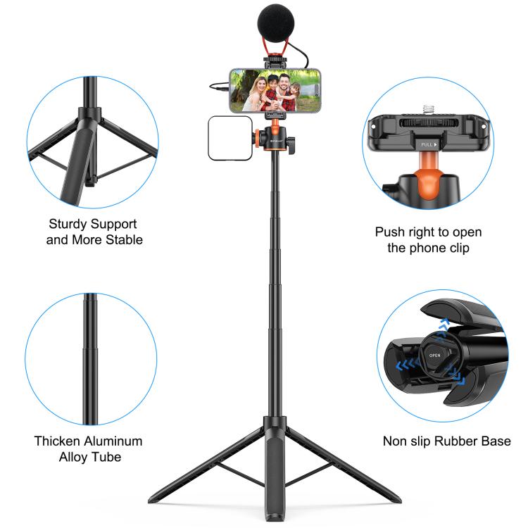 PULUZ 1.3m Phone Selfie Stick Tripod Vlog Live Streaming Holder with Phone Clip, 1.4m Phone Tripod