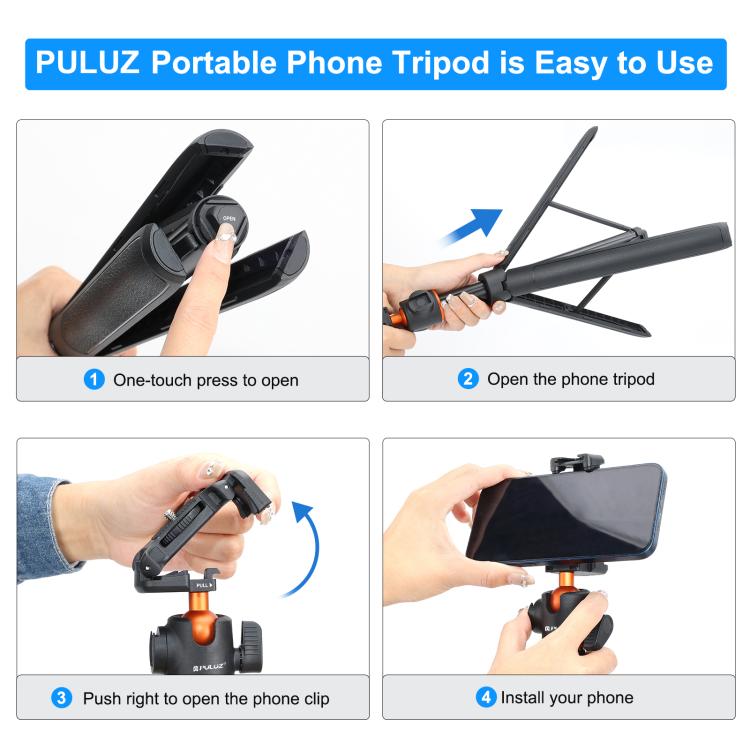 PULUZ 1.3m Phone Selfie Stick Tripod Vlog Live Streaming Holder with Phone Clip, 1.4m Phone Tripod