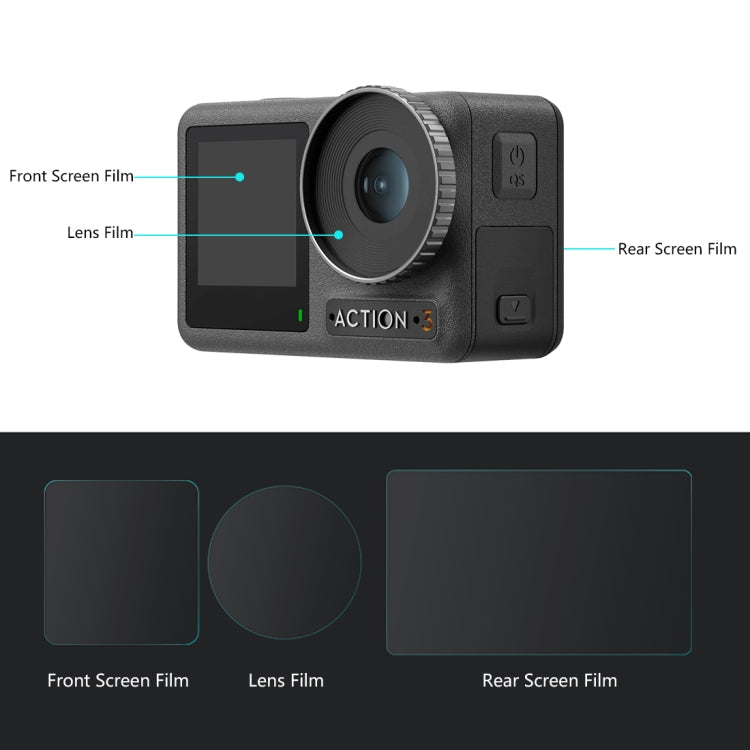For DJI Osmo Action 3 PULUZ 3-in-1 Lens Front and Back Screen Tempered Glass Explosion-proof Film, For DJI Osmo Action 3