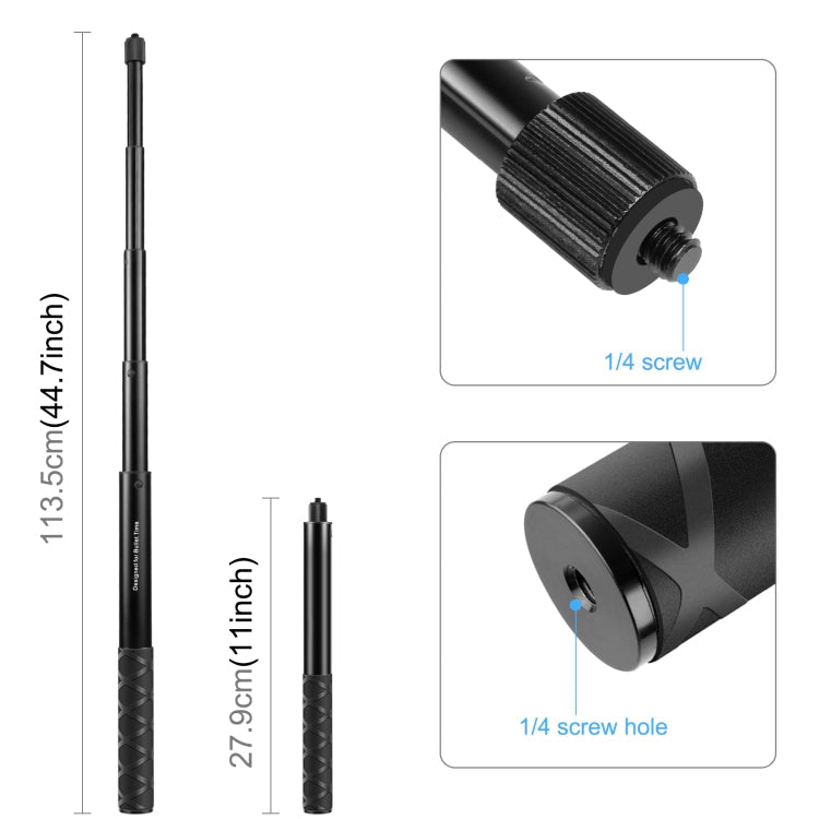 PULUZ 110cm Metal Selfie Stick Monopod with Invisible Adapter Base & Screw for Insta360 One RS / X2 / X3 / X4 / DJI Osmo 360, 110cm Monopod