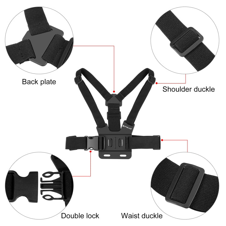 PULUZ 5 in 1 Adjustable Body Mount Belt Chest Strap with Phone Clamp & J Hook Mount & Long Screw Kit