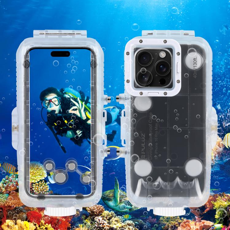 For iPhone 16 Pro Max PULUZ 40m/130ft Waterproof Diving Case with One-way Valve Photo Video Taking Underwater Housing Cover, For iPhone 16 Pro Max (Transparent) For iPhone 16 Pro Max (Transparent) Transparent