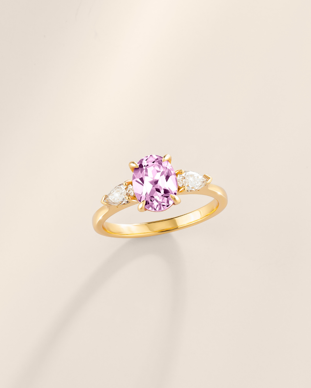 Pink Sapphire Oval Cut Three Stone Engagement Ring in 18k Gold Vermeil