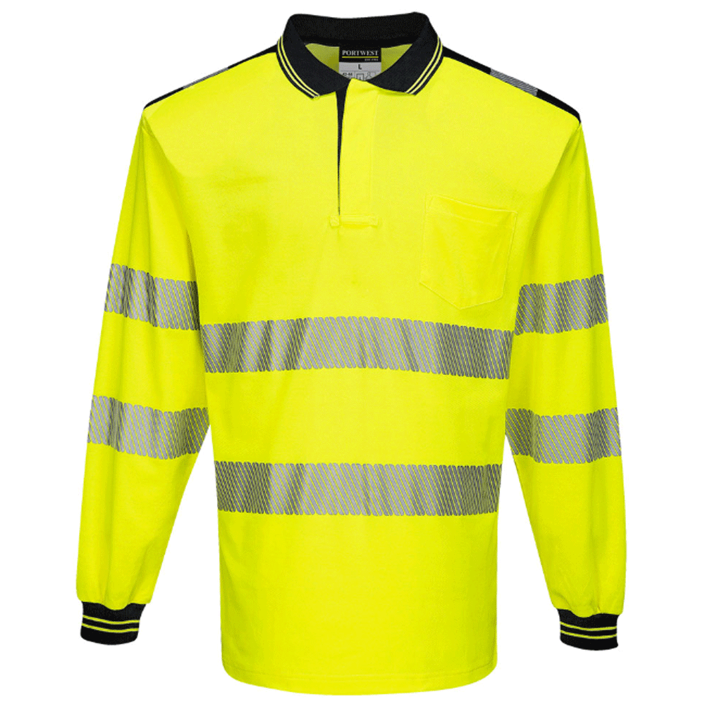 Portwest T184 PW3 Hi-Vis Long Sleeve Polo Shirt Various Colours Yellow Black