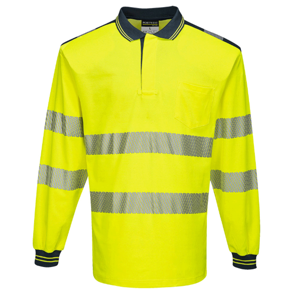 Portwest T184 PW3 Hi-Vis Long Sleeve Polo Shirt Various Colours Yellow Navy