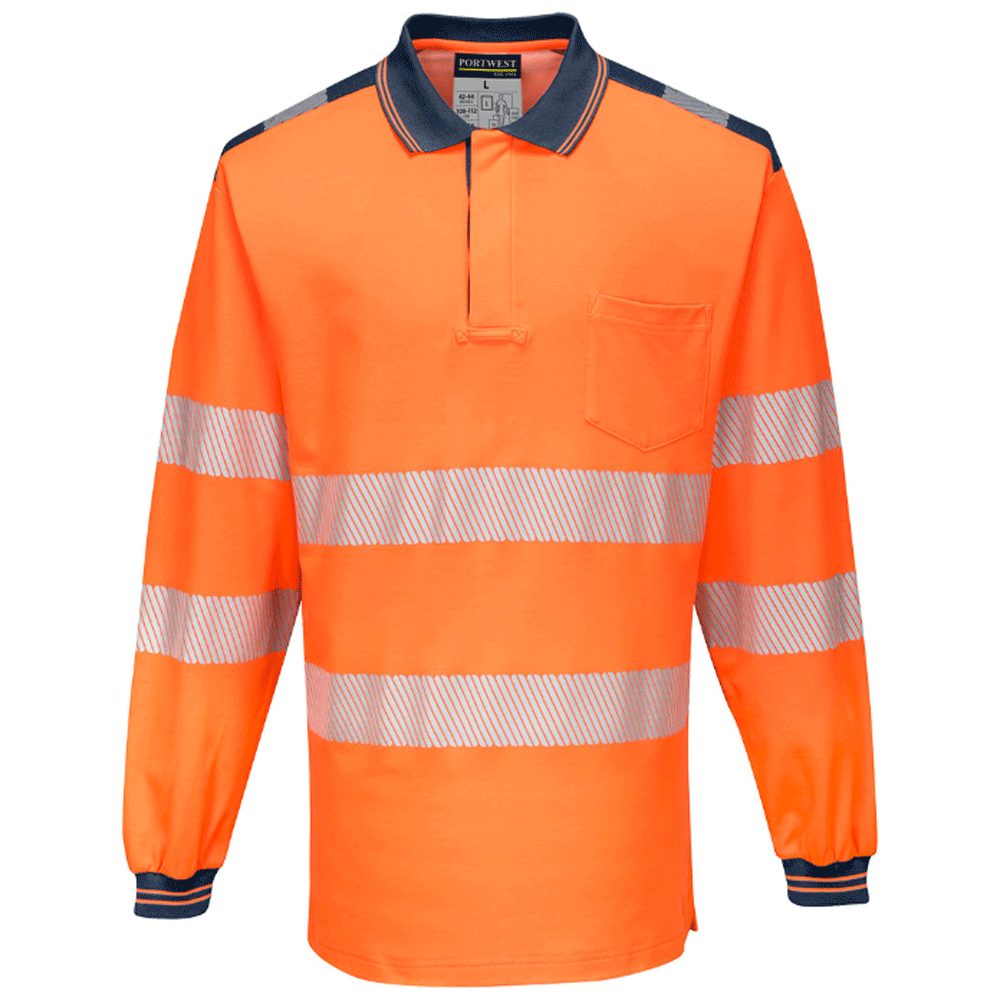 Portwest T184 PW3 Hi-Vis Long Sleeve Polo Shirt Various Colours Orange Navy