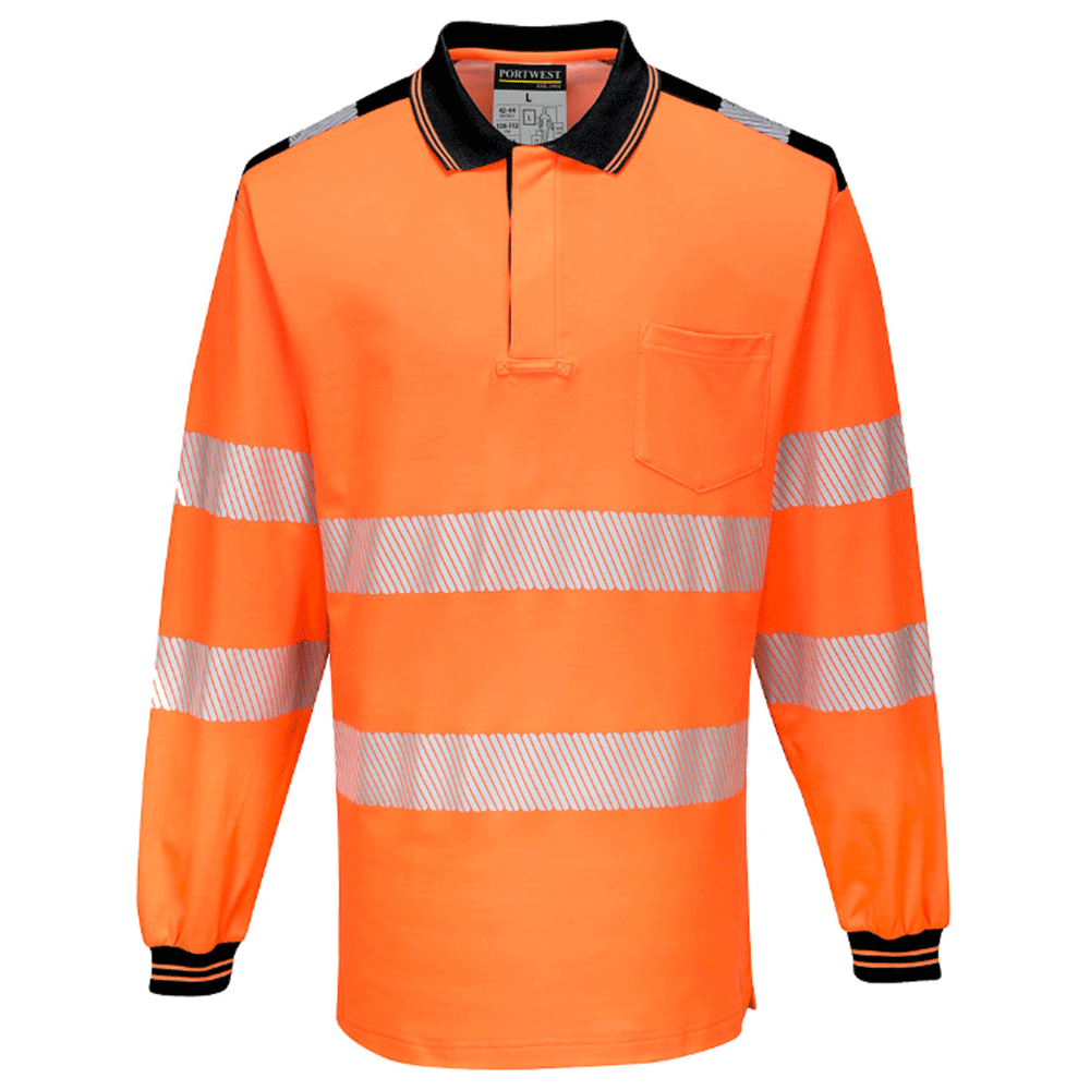 Portwest T184 PW3 Hi-Vis Long Sleeve Polo Shirt Various Colours Orange Black