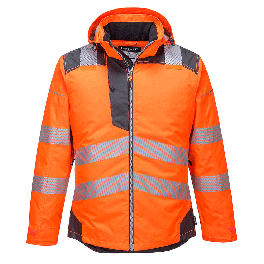 Portwest T400 PW3 Waterproof Hi-Vis Winter Work Jacket Orange Grey