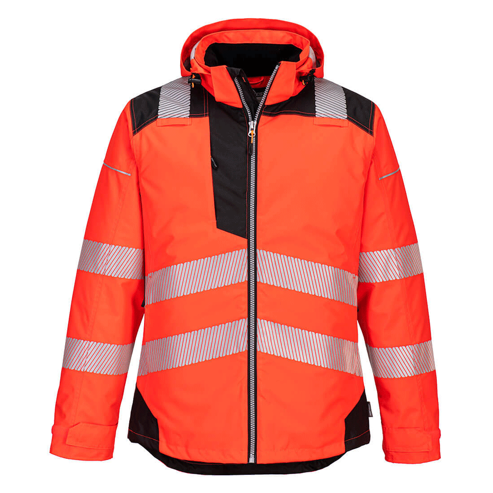 Portwest T400 PW3 Waterproof Hi-Vis Winter Work Jacket Red Black
