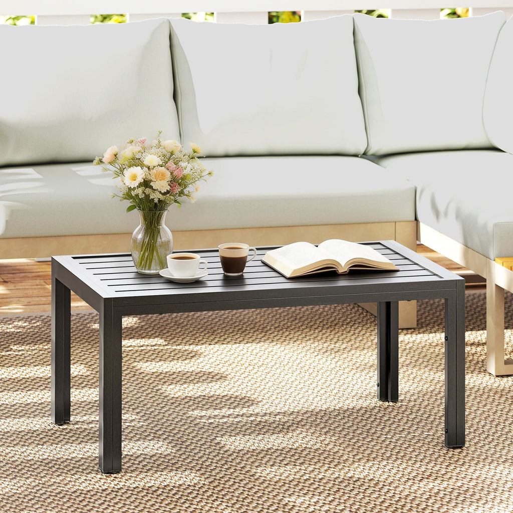 Outdoor Side Table, Rectangular Patio Coffee Side Table with Steel Frame and Slat Tabletop for Garden, Balcony, Grey Grey Wood Effect