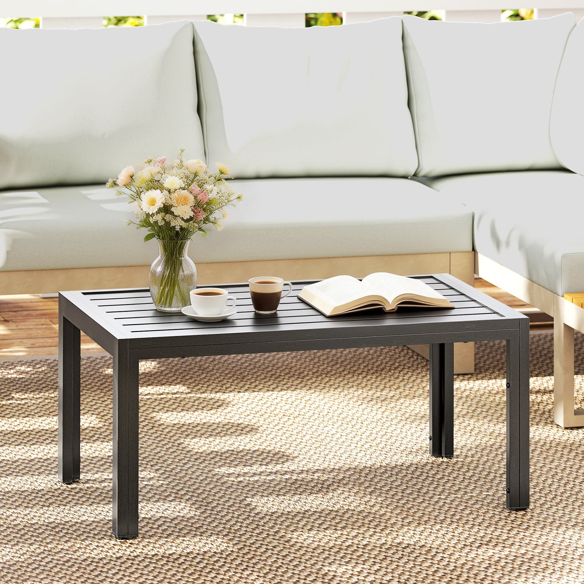 Outdoor Side Table, Rectangular Patio Coffee Side Table with Steel Frame and Slat Tabletop for Garden, Balcony, Grey Grey Wood Effect