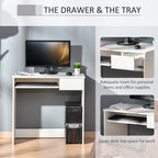 Compact Computer Desk with Keyboard Tray, Home Office Desk with Drawer for Bedroom Study, White