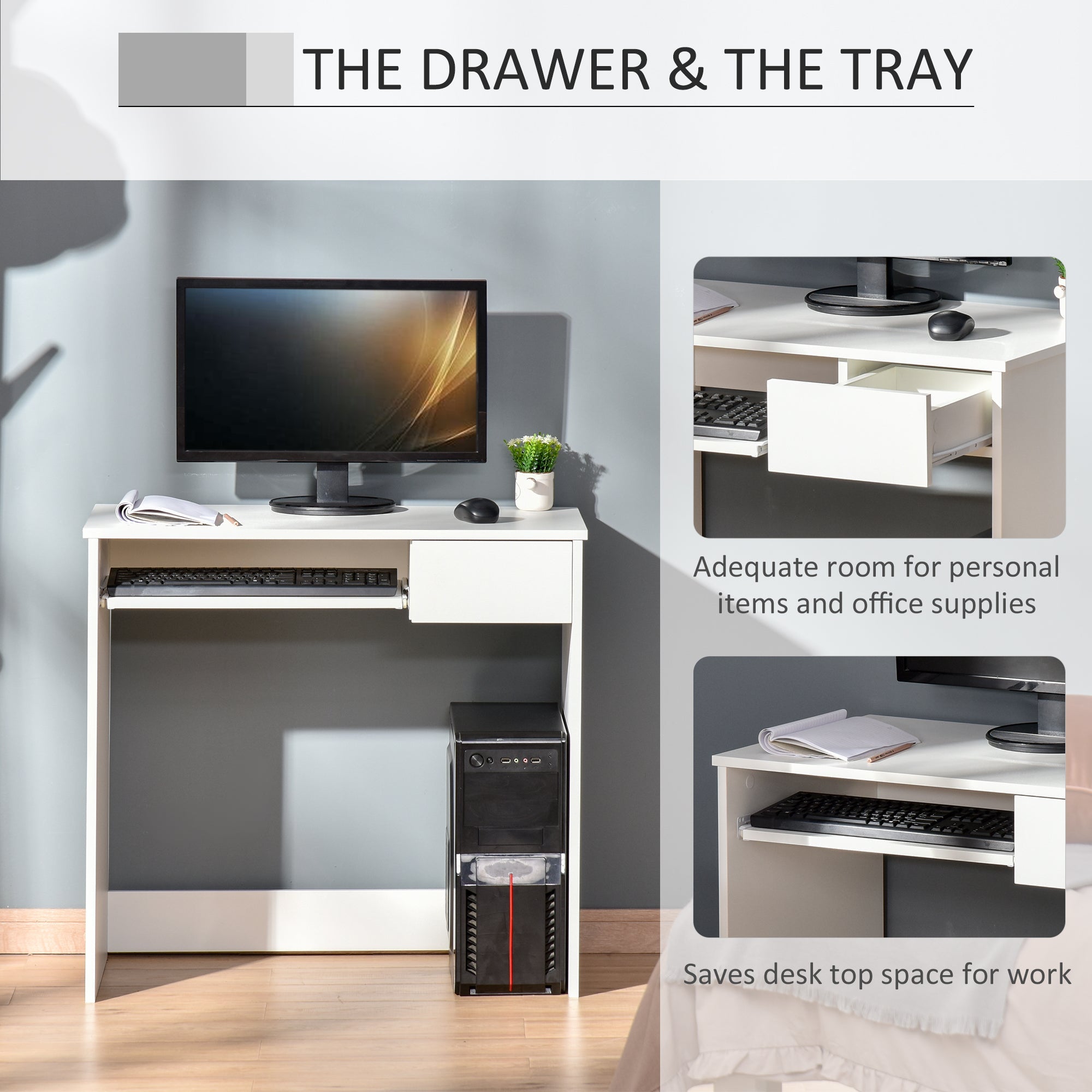 Compact Computer Desk with Keyboard Tray, Home Office Desk with Drawer for Bedroom Study, White