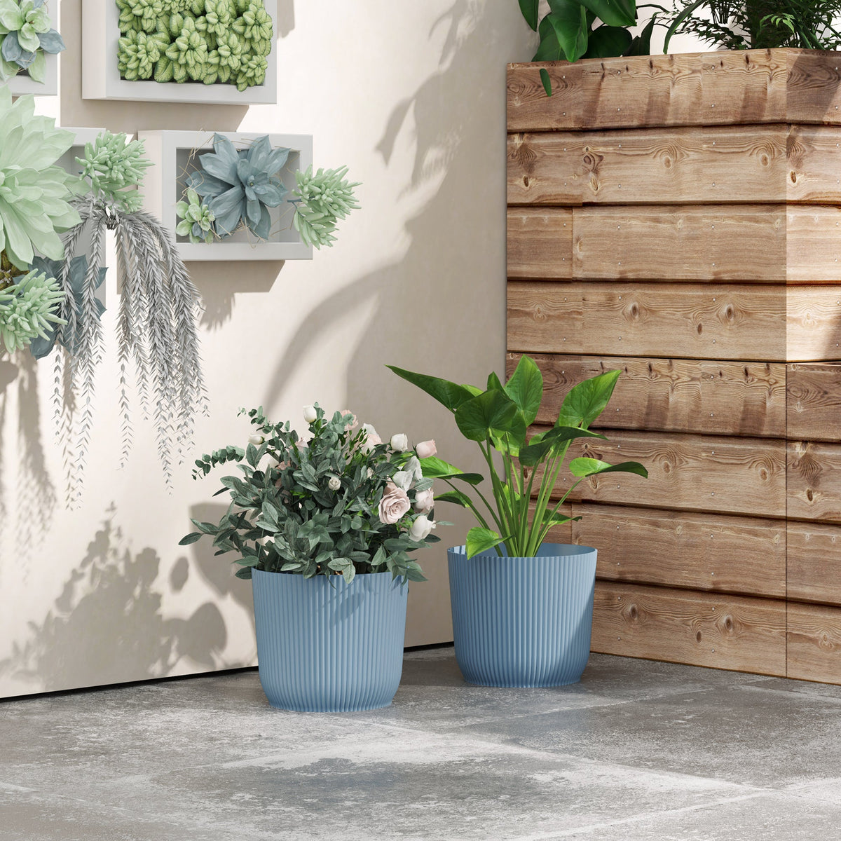 Set of 2 Round Plant Pots Outdoor 22cm for Garden Decoration, Blue