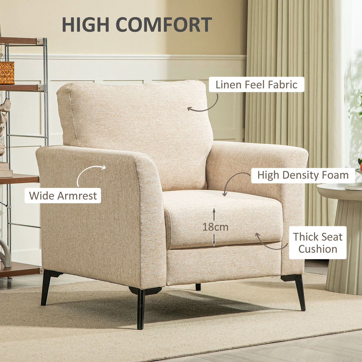Linen Fabric Modern Accent Chair with Metal Legs, Wood Frame