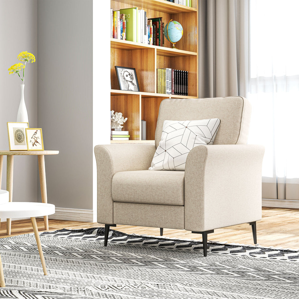 Linen Fabric Modern Accent Chair with Metal Legs, Wood Frame