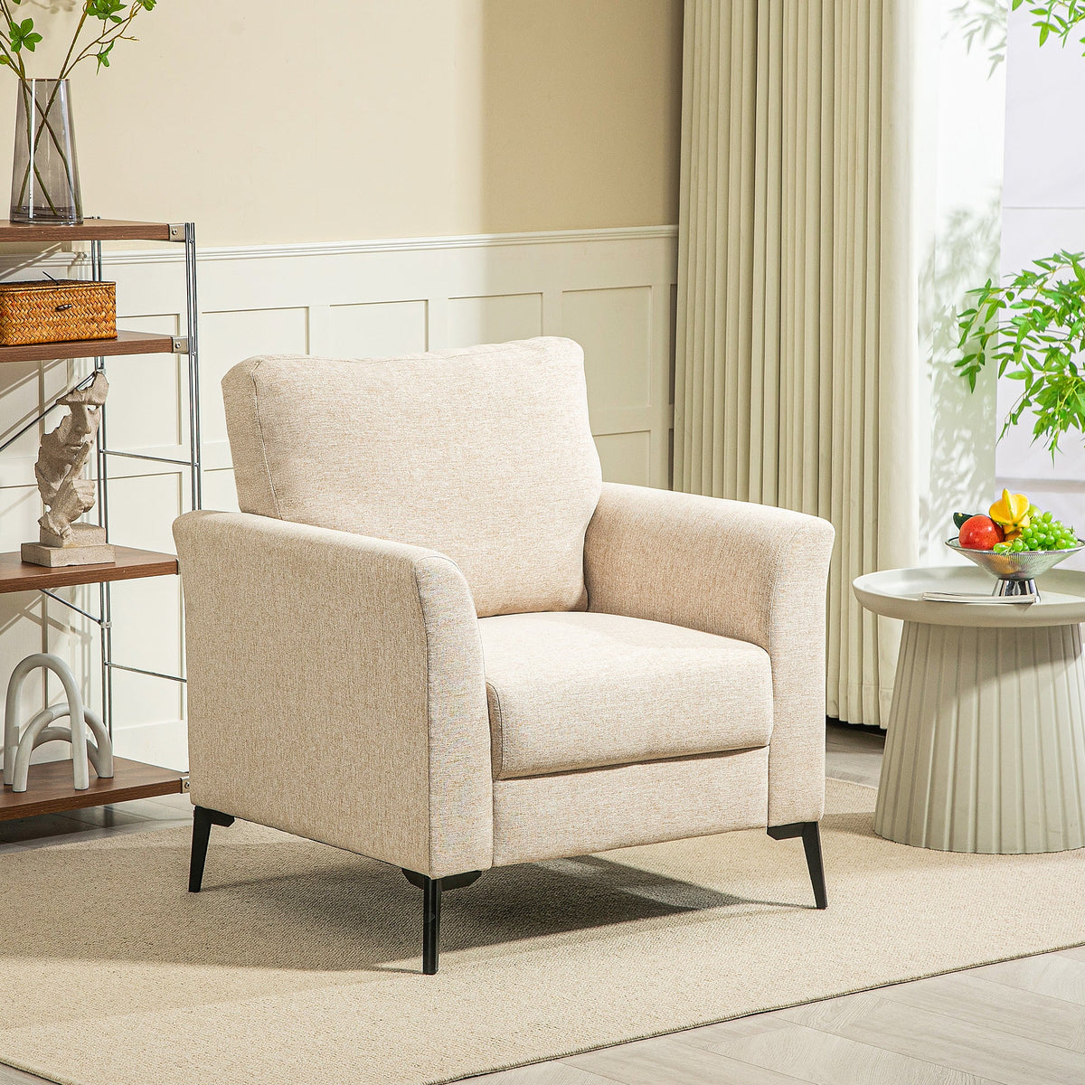 Linen Fabric Modern Accent Chair with Metal Legs, Wood Frame