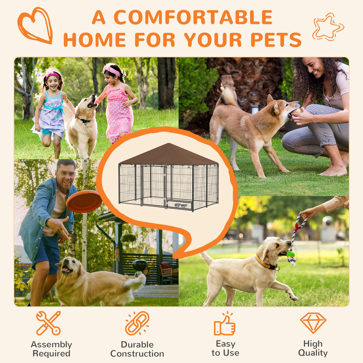 Outdoor Dog House Kennel with Canopy Top & Lock Rotating Bowl Holder